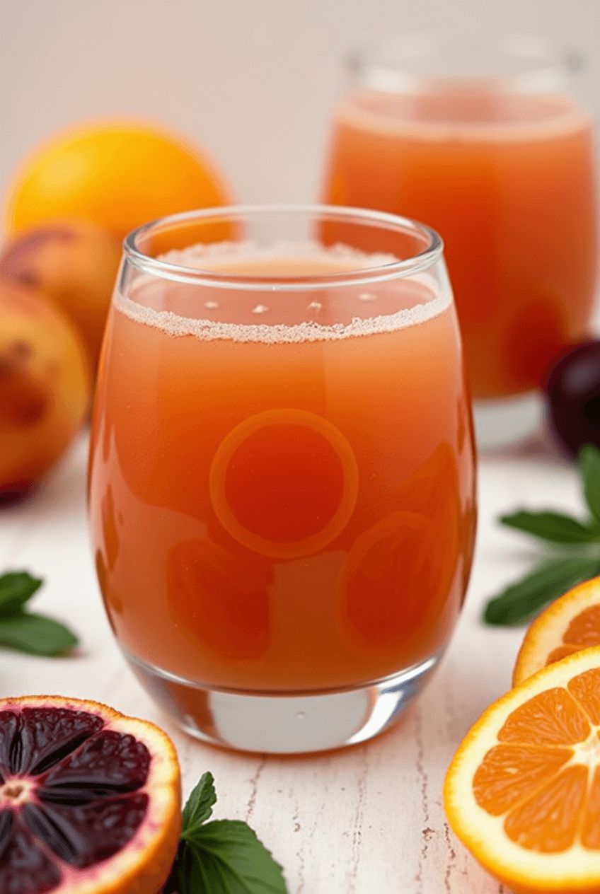 Freshly squeezed blood orange juice in a glass with vibrant color.