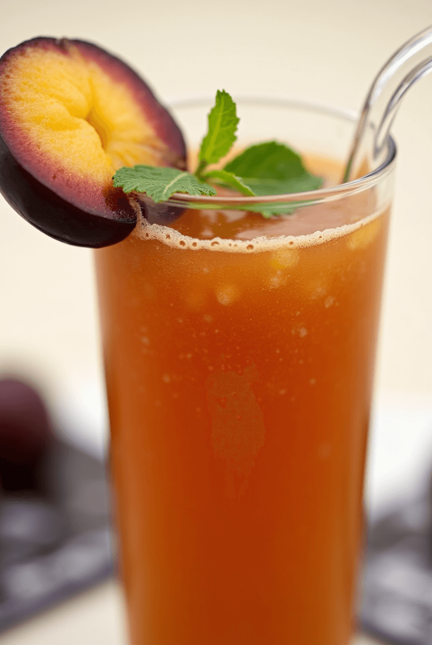 Glass of plum juice with a glowing skin and fresh plums on the side, showcasing its skin benefits.