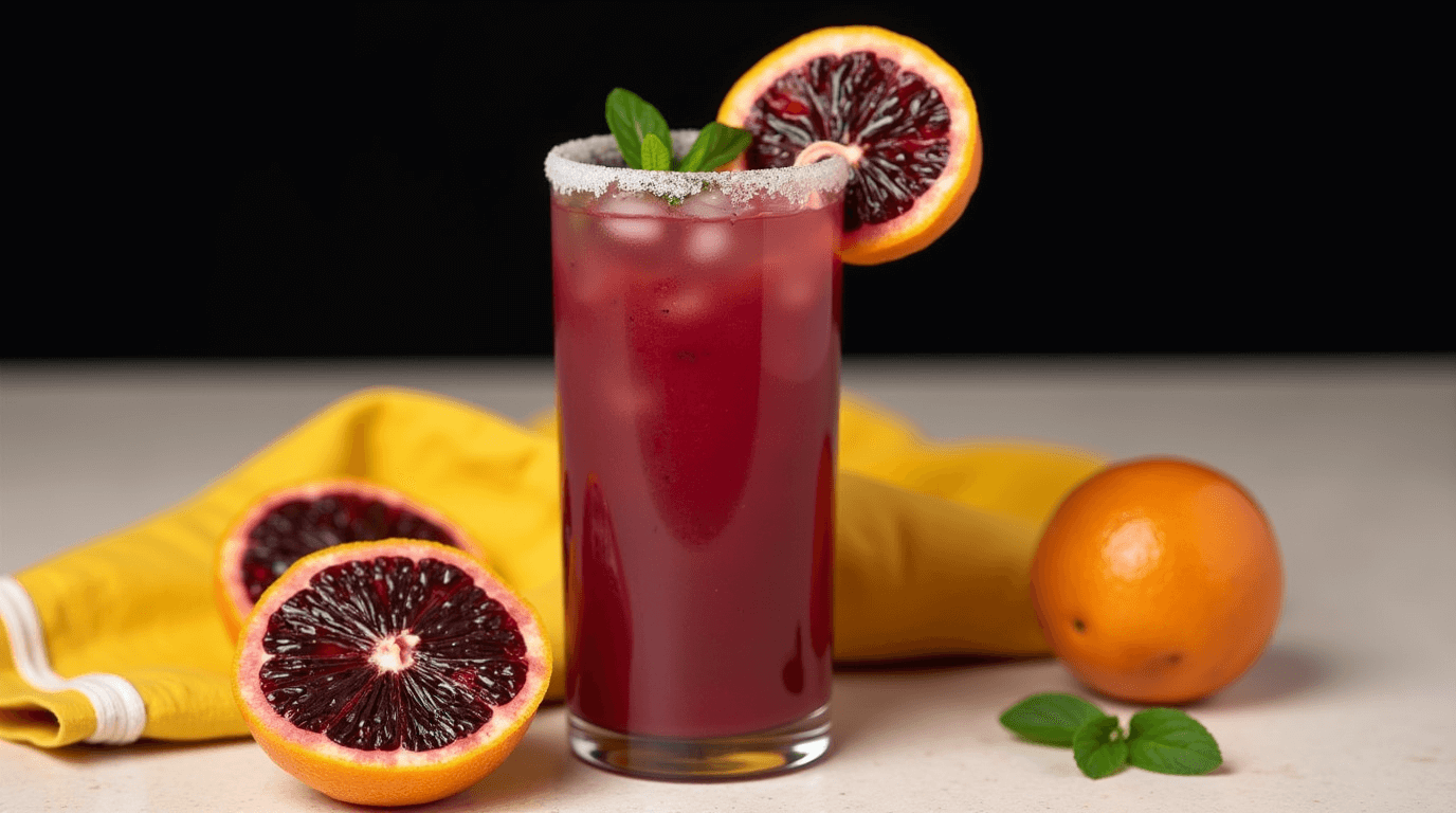 A glass of freshly squeezed blood orange juice with vibrant color and a slice of blood orange on the rim.