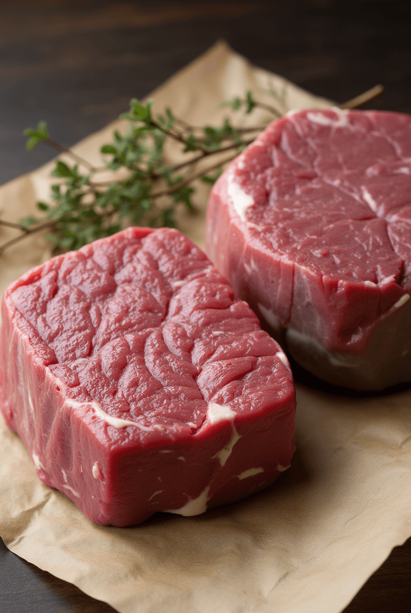 Selecting a high-quality baseball steak with visible marbling at a butcher shop.