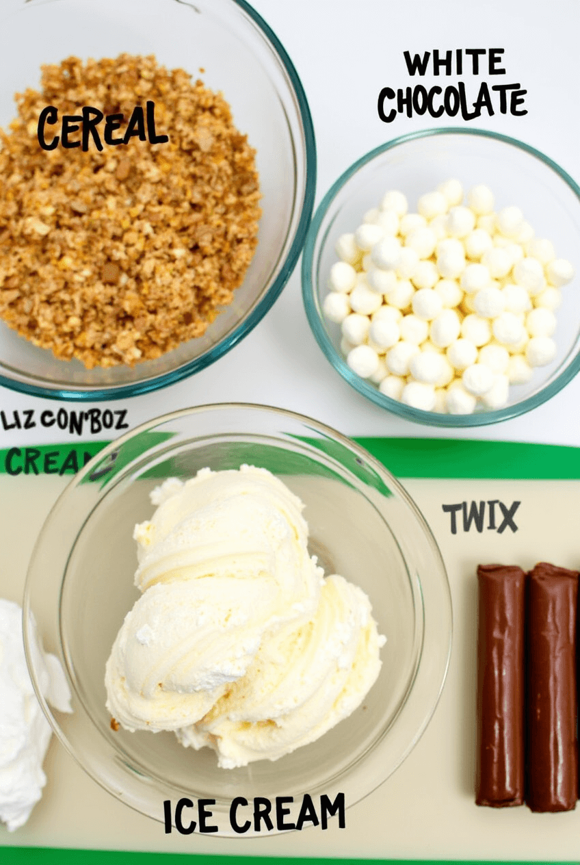 Ingredients needed to make Chicken Ice Cream: vanilla ice cream, Twix, white chocolate, and cornflakes.
