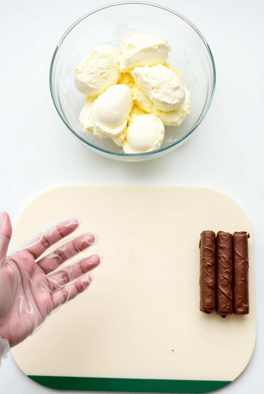 Step-by-step guide on how to make chicken ice cream with a crispy cornflake coating and a Twix candy bar center.