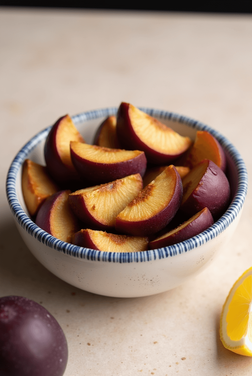 Fresh plums on a wooden table ready to eat.