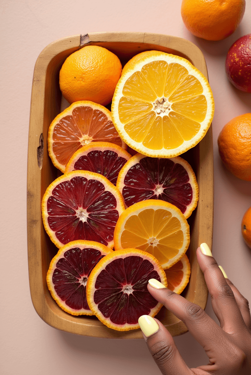  Close-up of ripe blood oranges with a focus on their vibrant color and texture, perfect for juicing.