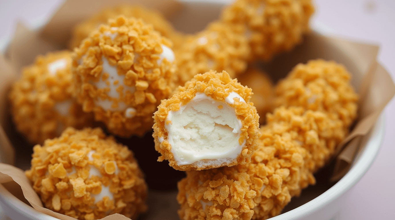 Homemade chicken ice cream shaped like a drumstick, coated with cornflakes for a savory-sweet twist.