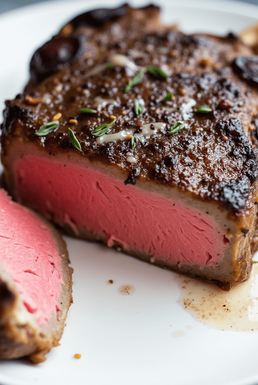 Perfectly cooked baseball steak with a golden-brown crust and tender pink interior.