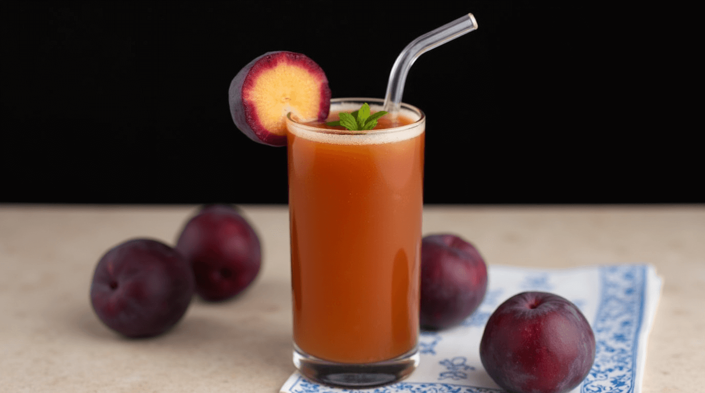 Fresh and healthy plum juice in a glass with plums on the side.