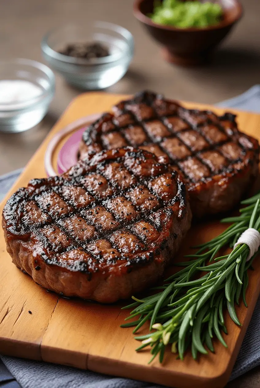 Sliced beef chuck eye steak served with roasted vegetables and a fresh salad.