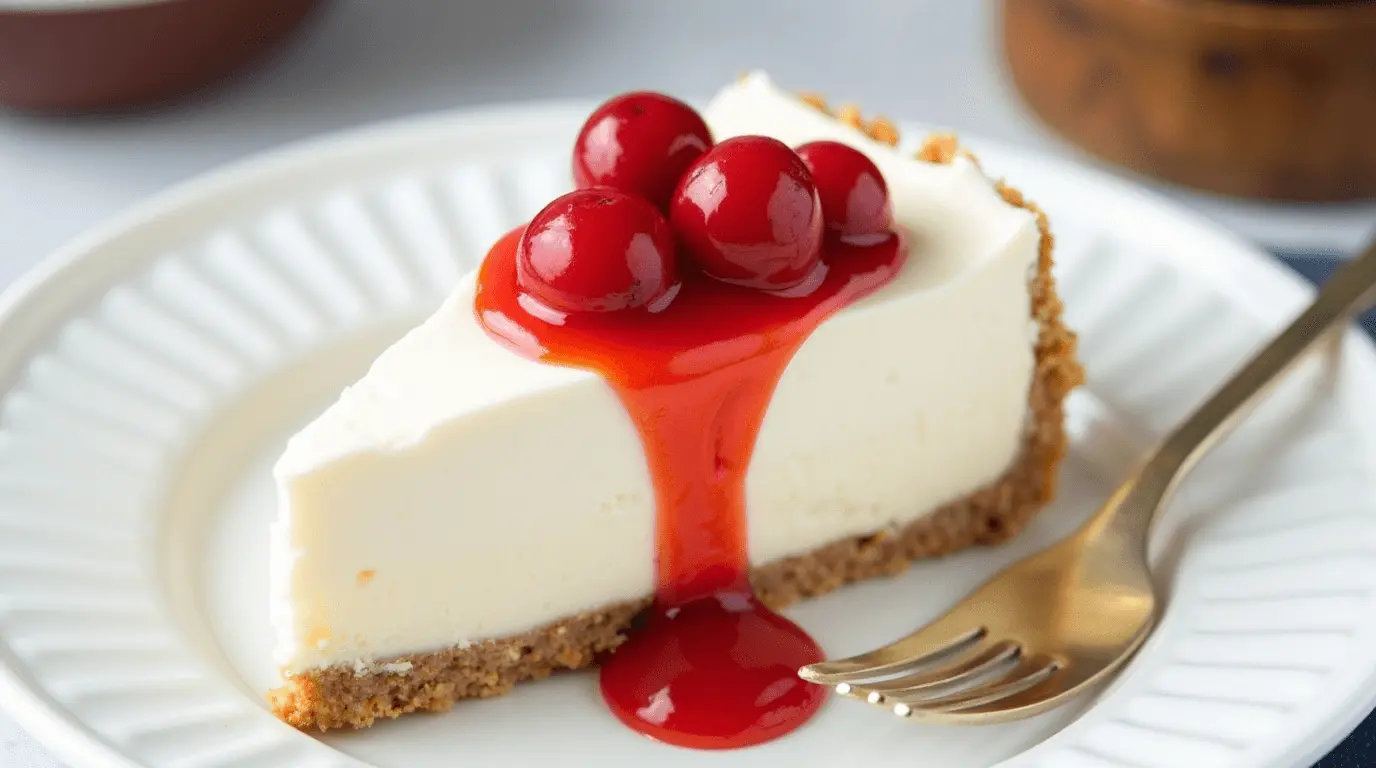 Smooth and creamy Philadelphia cheesecake filling in a bowl, topped with fresh berries and a light dusting of powdered sugar.