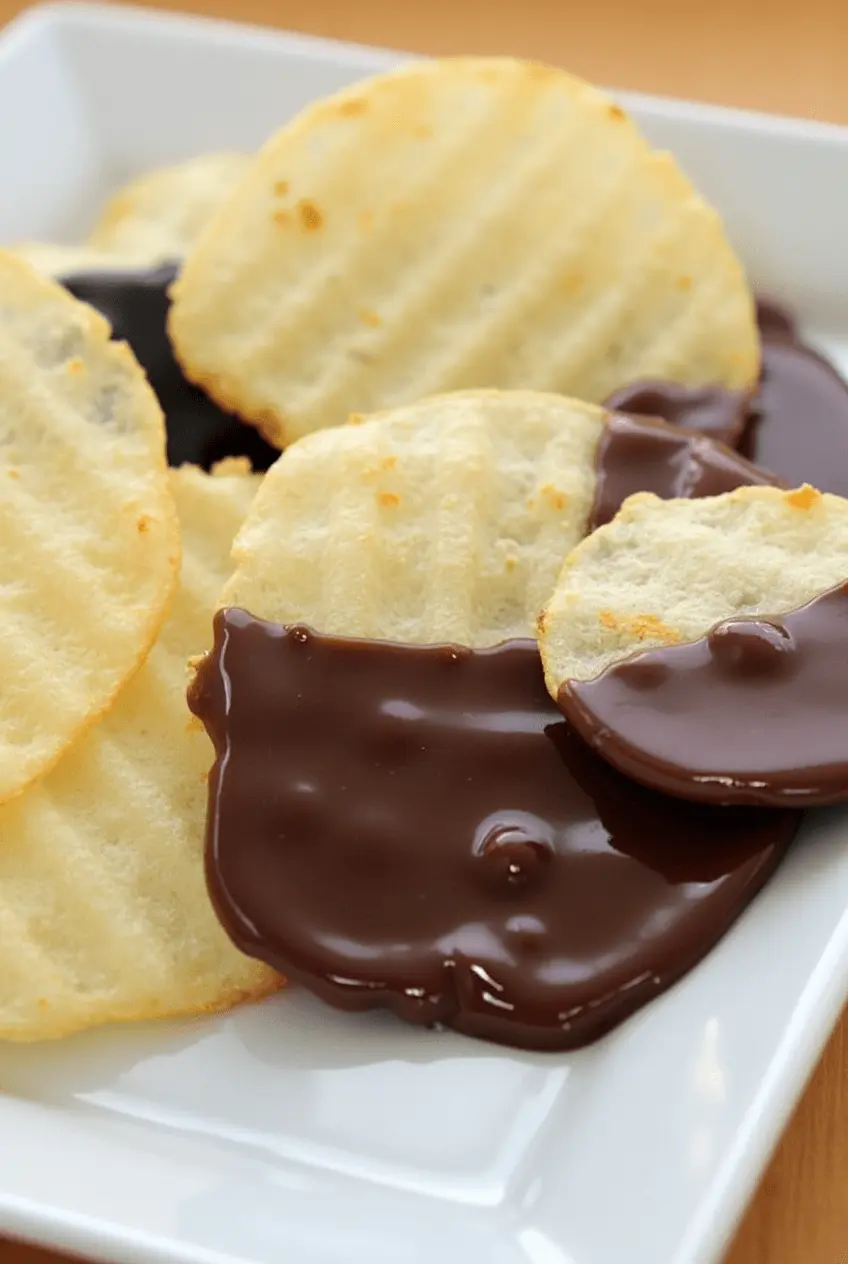 Handwritten recipe card for chocolate potato chips on a rustic table with chips, melted chocolate, and cocoa beans.