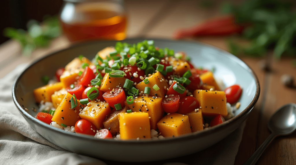 chinese squash recipes kabocha vegan dish with tofu and vegetables, garnished with sesame seeds and green onions, served in a bowl with soy sauce.