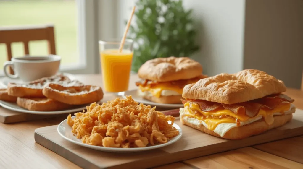 Delicious items from the BK Breakfast Menu, including sandwiches, hash browns, and coffee.