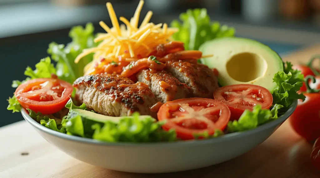 A quick and easy burger bowl with grilled chicken, fresh lettuce, tomatoes, avocado, cheese, and a tangy sauce.