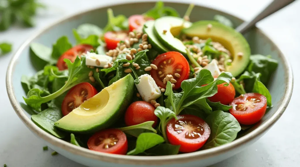 A vibrant, fresh bowl of Nancy Salade filled with mixed greens, avocado, tomatoes, cucumber, and a light dressing.