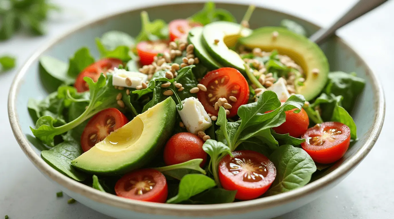 A vibrant, fresh bowl of Nancy Salade filled with mixed greens, avocado, tomatoes, cucumber, and a light dressing.