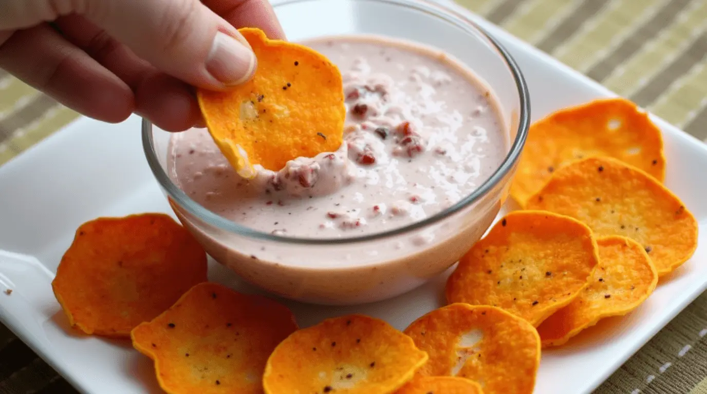 Crispy sweet potato chips with cranberry sauce on the side, garnished with fresh herbs