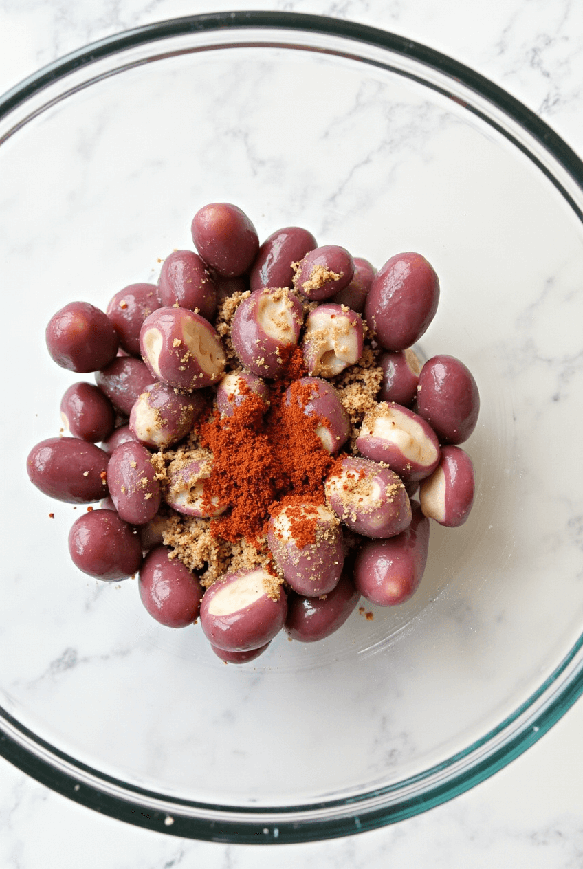 A collection of fresh ingredients for cooking chicken hearts, including raw chicken hearts, garlic, herbs, olive oil, and spices on a kitchen counter.