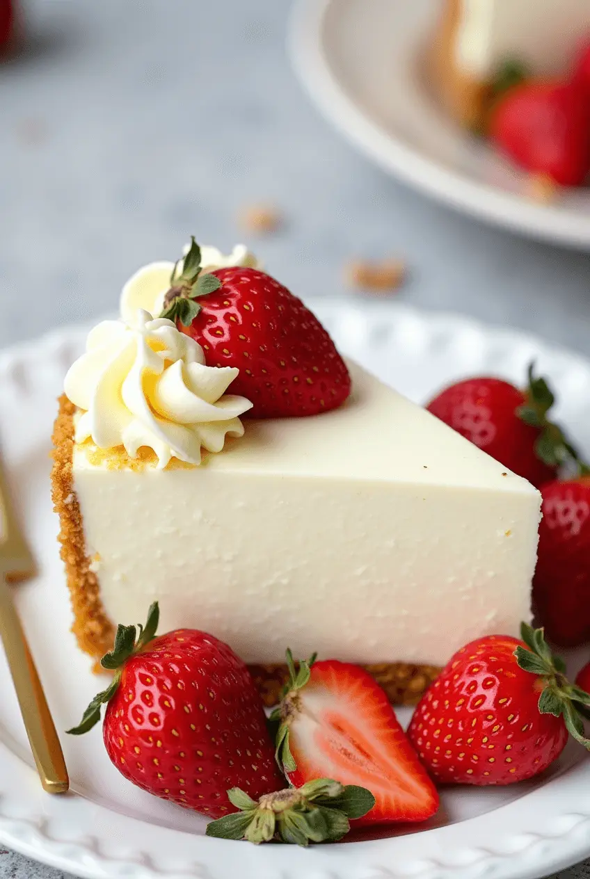 Smooth and creamy Philadelphia cheesecake filling in a bowl, topped with fresh berries and a light dusting of powdered sugar.