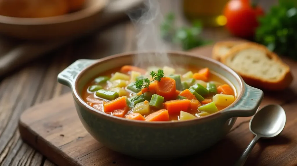 A steaming bowl of vibrant vegetable olena real food instant pot vegetable soup, featuring fresh carrots, celery, potatoes, and green beans in a golden broth, garnished with parsley and served with crusty bread on a rustic wooden table.