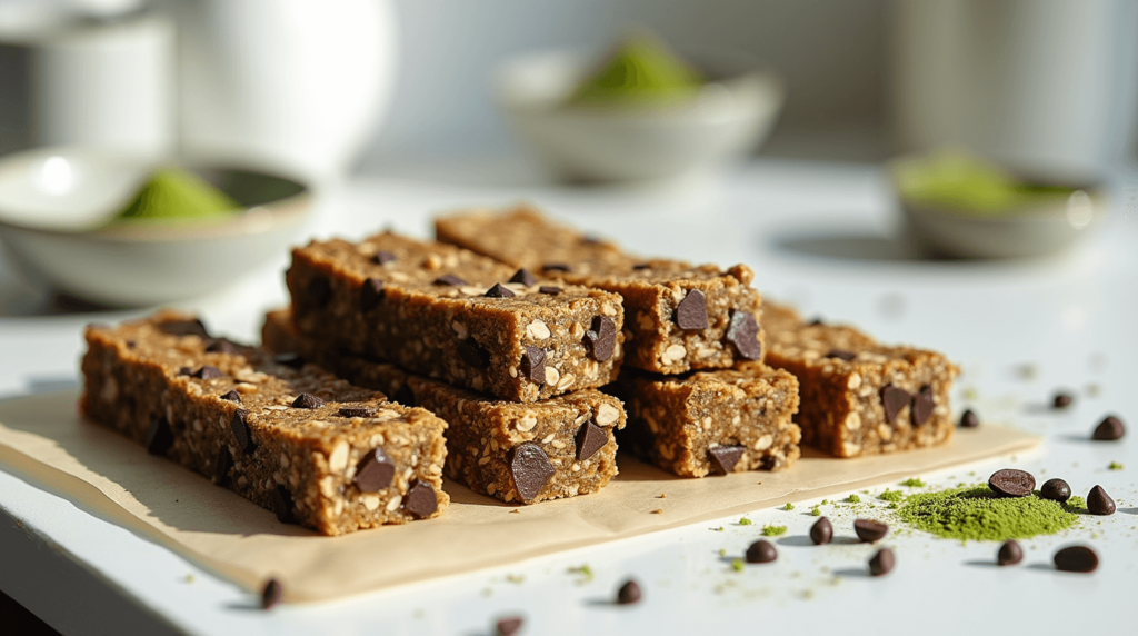 Batch of vegan chocolate matcha energy bars recipe cut into squares on a clean kitchen counter, with visible textures of oats, chia seeds, and dark chocolate chunks, surrounded by matcha powder and chia seeds.