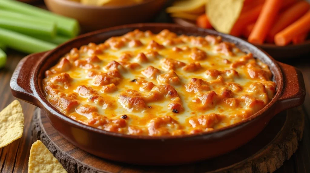 Creamy and spicy Cottage Cheese Buffalo Chicken Dip served in a rustic ceramic dish, topped with melted cheese and drizzled with buffalo sauce, surrounded by fresh celery sticks, carrot sticks, and tortilla chips on a wooden table.