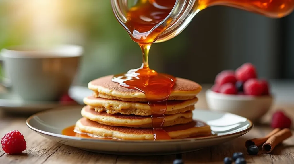 Simmering brown sugar cinnamon syrup in a saucepan on a stovetop, with a jar of finished syrup and a cozy breakfast spread featuring pancakes, latte, and oatmeal in the background.