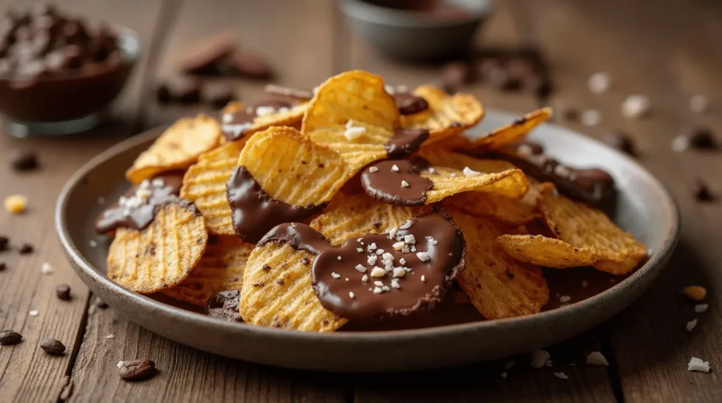 Close-up of chocolate potato chips with sea salt and crushed nuts, showcasing a sweet-and-salty snack on a rustic wooden table.