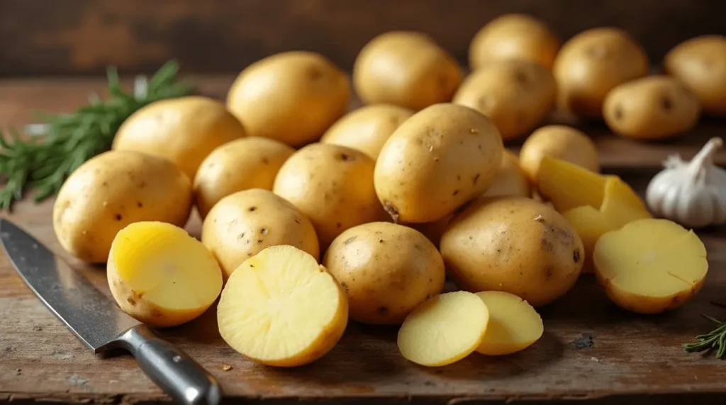 Various Yukon Gold potato dishes, including mashed potatoes, roasted wedges, and potato salad.