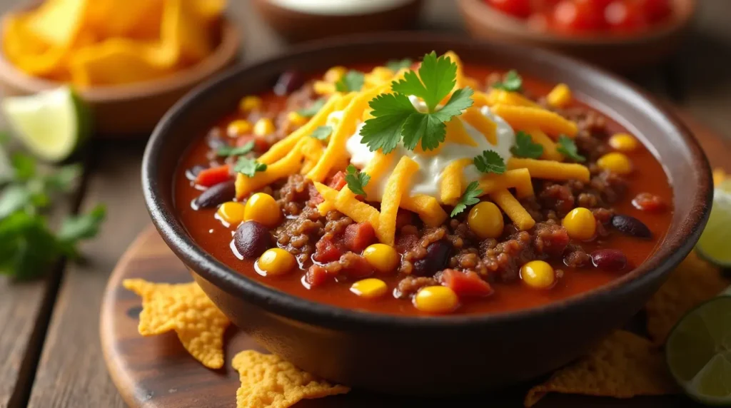 Close-up of a bowl of taco soup fritos recipe topped with melted cheddar, cilantro, and crunchy Fritos, surrounded by tortilla chips, sour cream, and lime wedges.