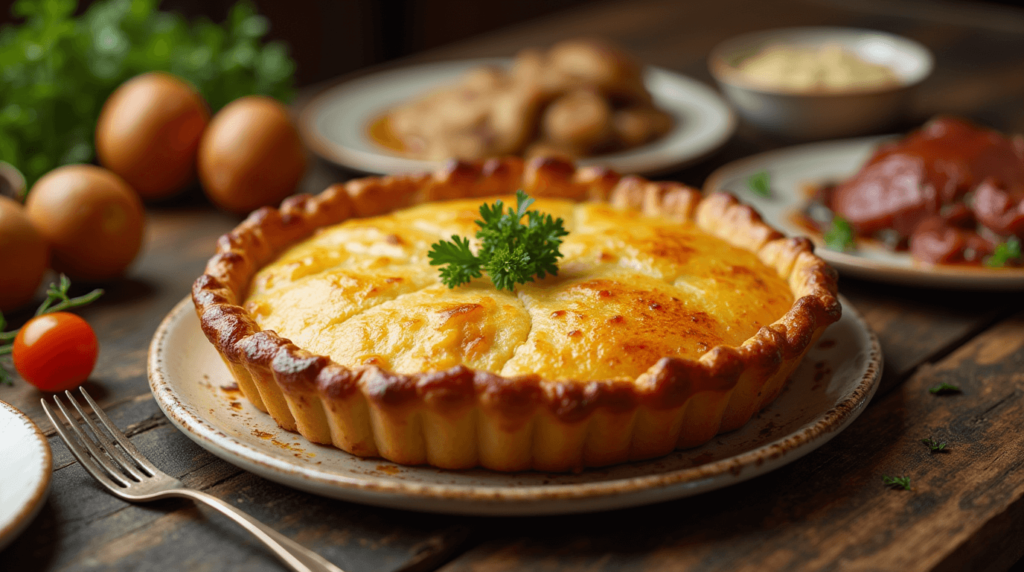 Golden-brown Passover potato pie with a crispy crust, served with traditional Seder dishes like matzo ball soup and brisket.