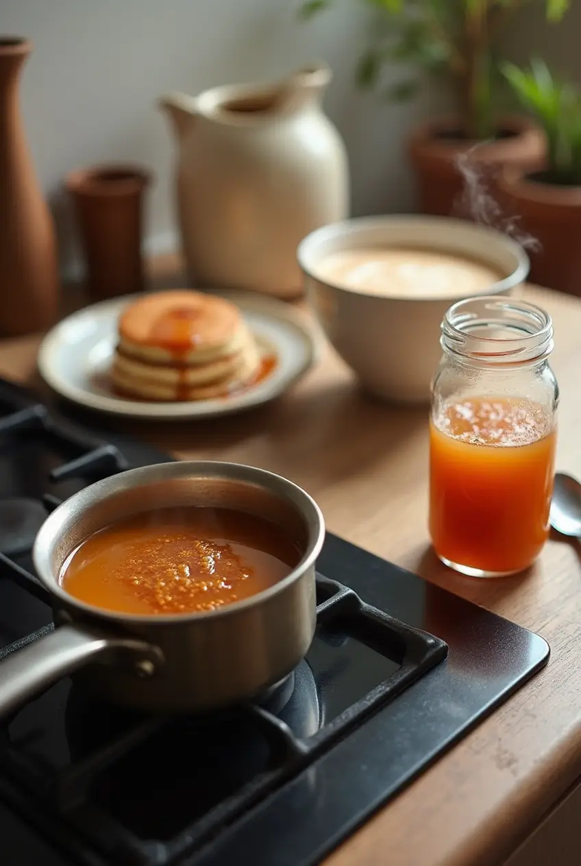 Homemade Brown Sugar Cinnamon Syrup in a Cozy Kitchen Setting Simmering brown sugar cinnamon syrup in a saucepan on a stovetop, with a jar of finished syrup and a cozy breakfast spread featuring pancakes, latte, and oatmeal in the background.