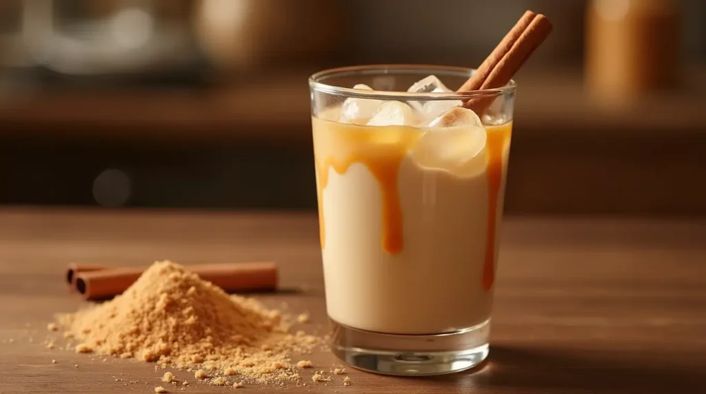 A glass of creamy brown sugar milk punch with ice cubes, garnished with a cinnamon stick and caramel drizzle, set on a wooden table in a cozy kitchen.