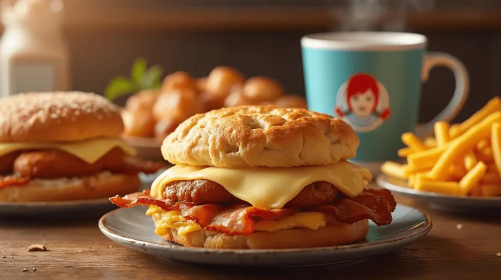Variety of wendy's breakfast menu including Bacon, Egg, and Cheese Sandwich, Maple Bacon Croissant, and Sausage, Egg, and Cheese Biscuit with a side of breakfast potatoes.