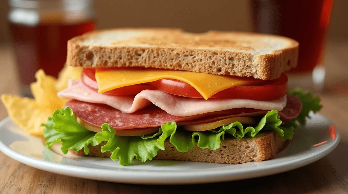 Delicious Ham, Salami, and Turkey Sandwich with fresh vegetables and multigrain bread.