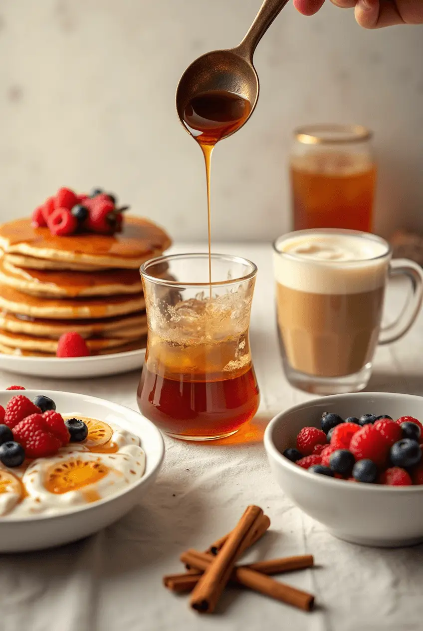 Delicious Ways to Enjoy Brown Sugar Cinnamon Syrup Breakfast table featuring brown sugar cinnamon syrup drizzled over pancakes, a latte, yogurt with berries, and iced coffee.