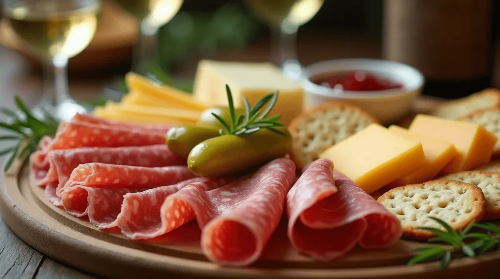 A delicious salami and cheese platter featuring a variety of cheeses and salami slices arranged on a wooden board.