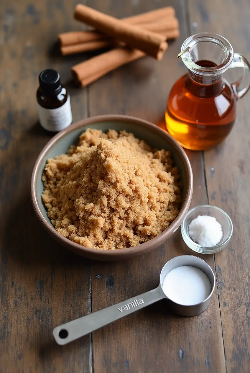 Simple Ingredients for Brown Sugar Cinnamon Syrup Flat-lay of ingredients for brown sugar cinnamon syrup: brown sugar, cinnamon sticks, vanilla extract, salt, and water arranged on a rustic wooden table.