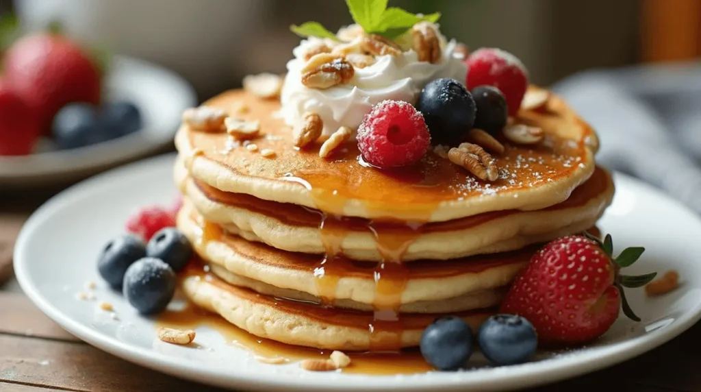 A variety of pancakes with fresh berries and maple syrup, served in a modern cms pancake breakfast setting.