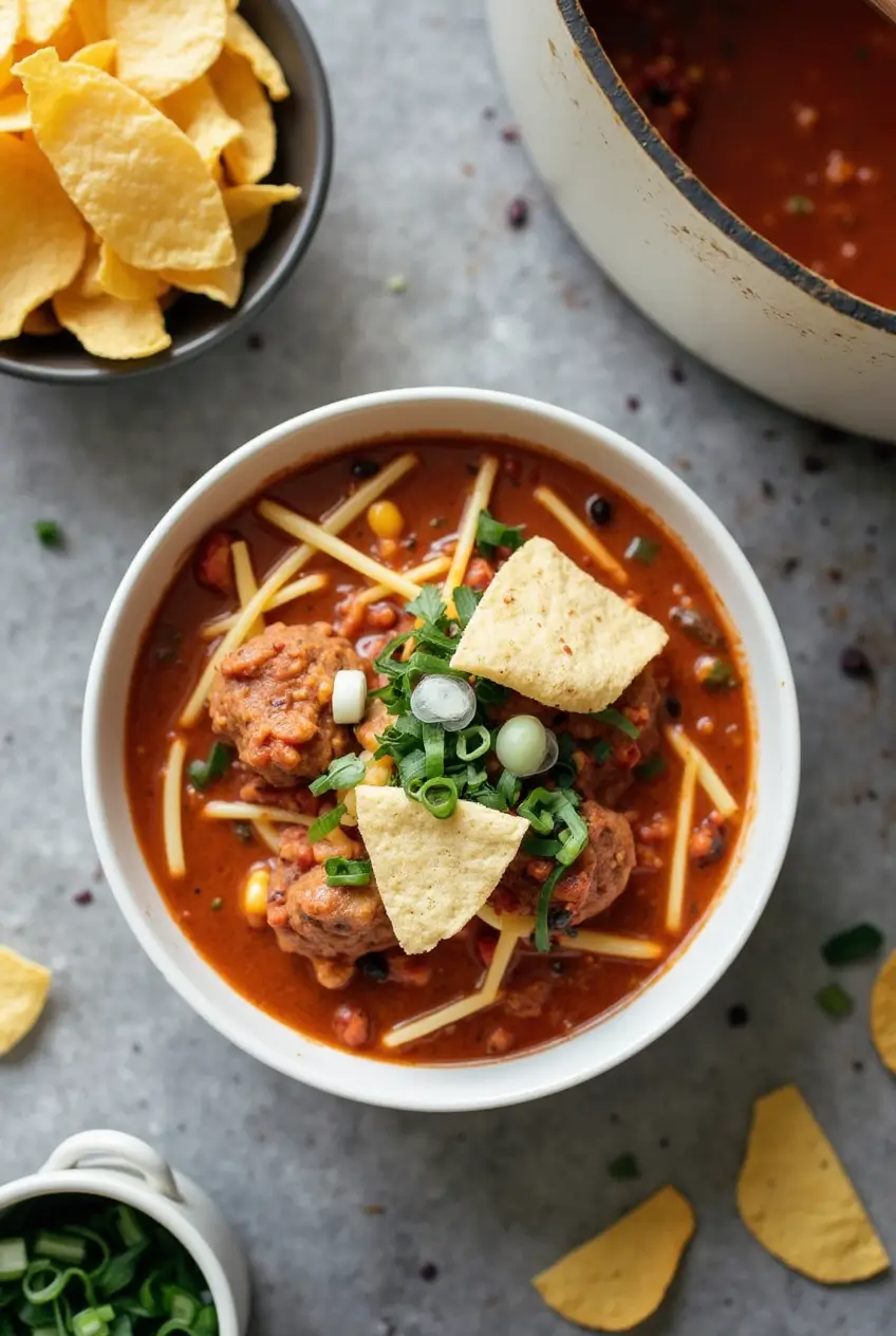 Vibrant Taco Soup Fritos with key benefits highlighted like 'Quick & Easy', 'Hearty & Filling', 'Customizable'.