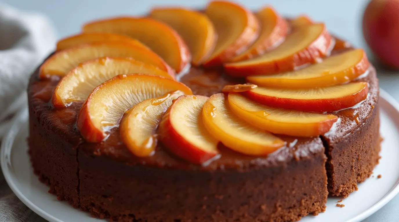 Vegan Upside Down Apple Cake Recipe with caramelized apples, a slice on a plate, and a cozy autumn setting.