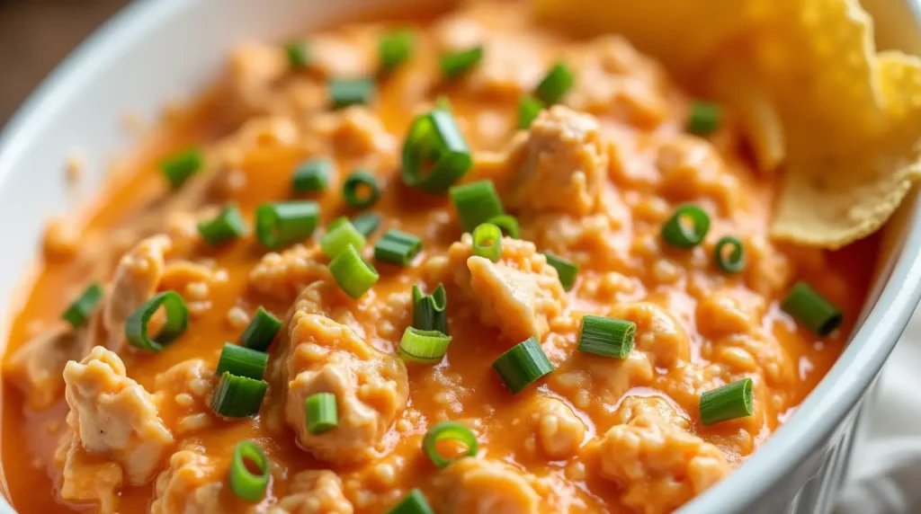 High protein buffalo chicken dip served with tortilla chips and garnished with green onions.