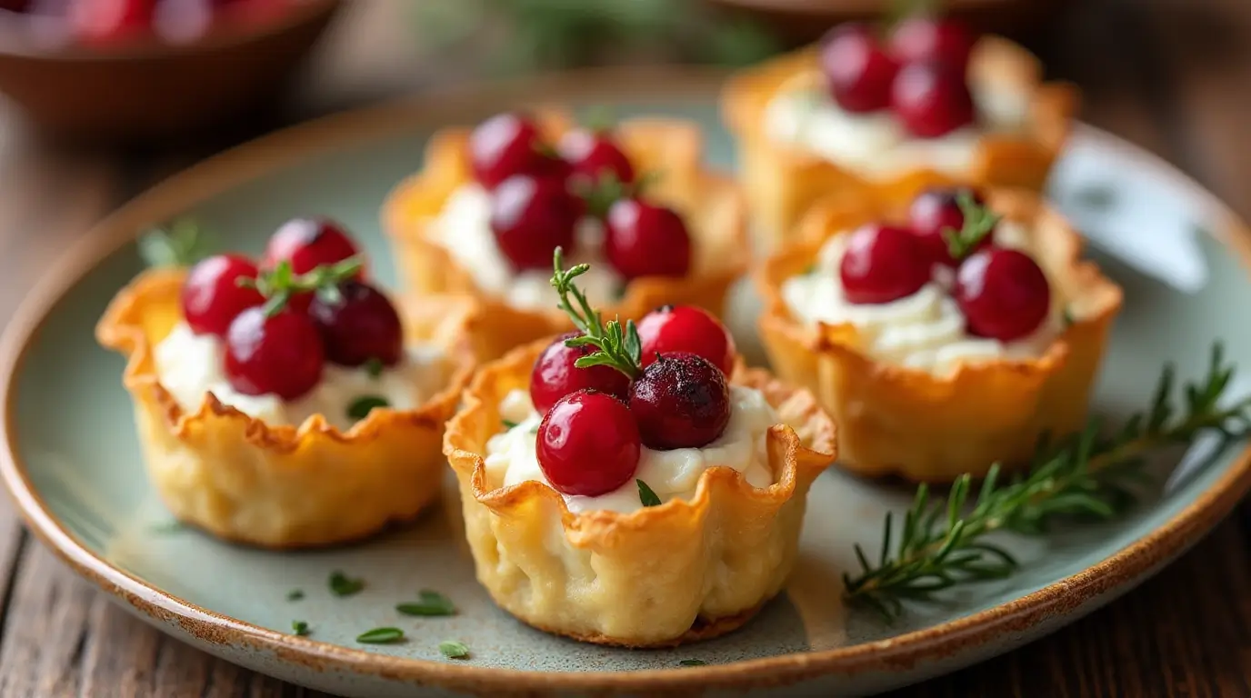 Cranberry phyllo cups with goat cheese, garnished with fresh cranberries and herbs, placed on a rustic wooden table with warm, soft lighting.