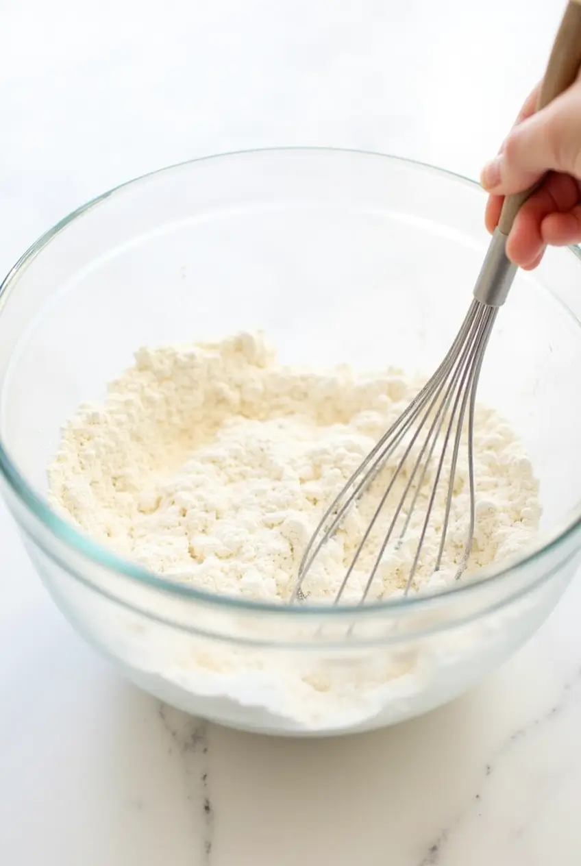 Preparing Dry Ingredients for Cerelac Pancakes Mixing the dry ingredients for Cerelac pancakes, including flour, Cerelac, sugar, and baking powder.