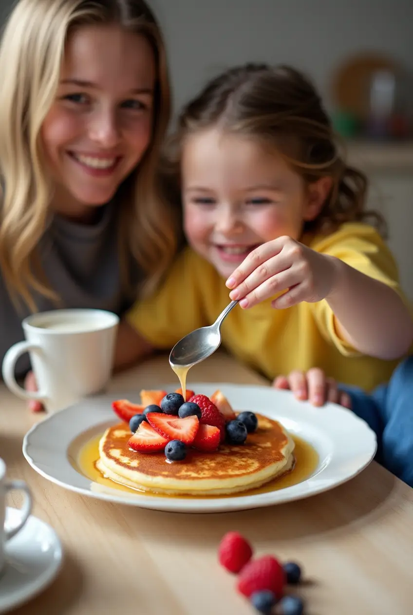 Enjoy Your Delicious Cerelac Pancakes Family enjoying a meal of Cerelac pancakes at the breakfast table, smiling and bonding.