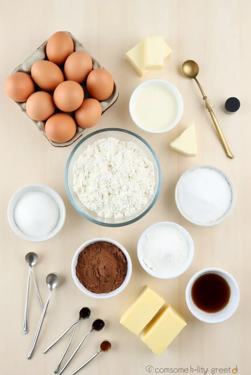 Ingredients for Chocolate Cream Cheese Pound Cake Ingredients for chocolate cream cheese pound cake arranged neatly on a kitchen counter