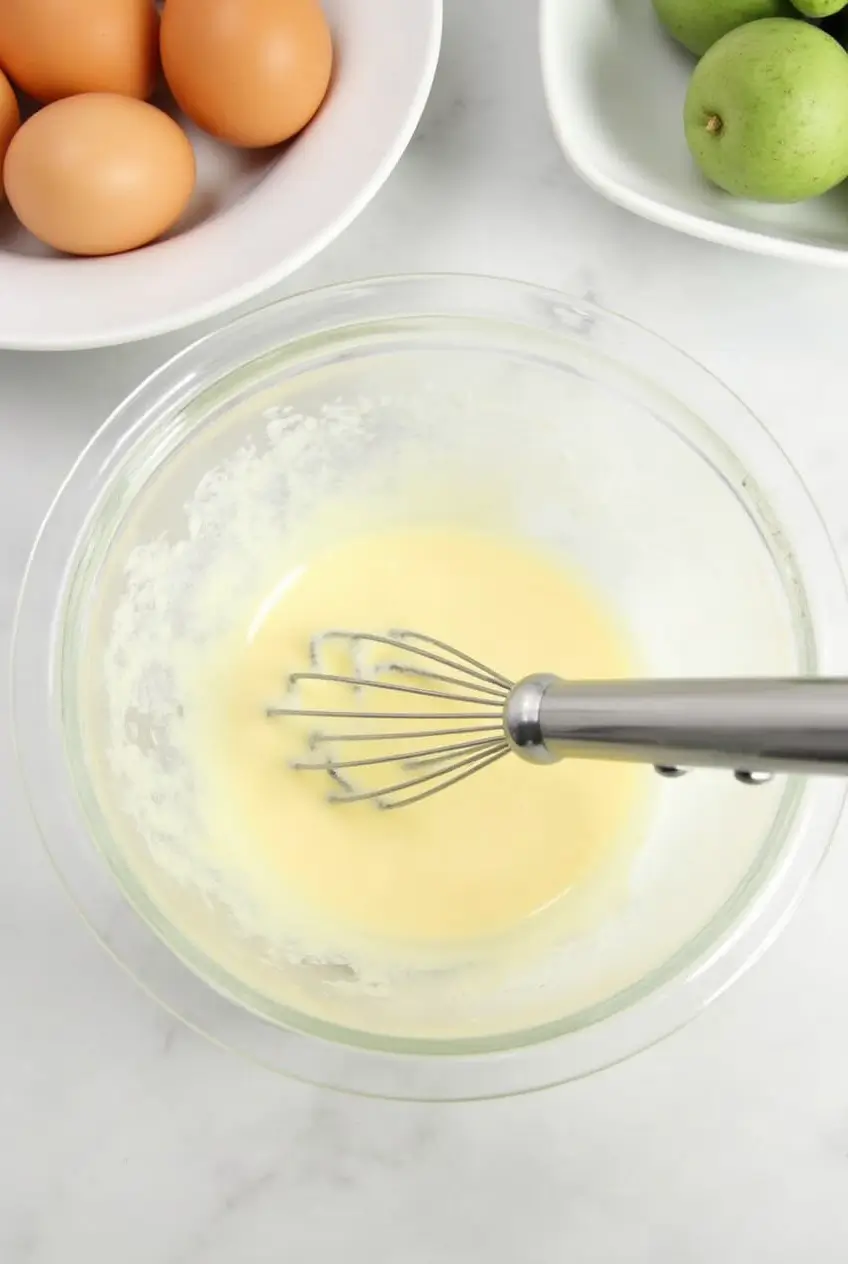 Mixing Wet Ingredients for Cerelac Pancakes Whisking together the wet ingredients for Cerelac pancakes, including milk, egg, vanilla extract, and melted butter.