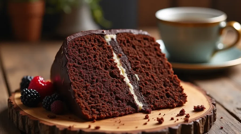Slice of chocolate cream cheese pound cake with chocolate ganache and fresh berries on a rustic wooden table