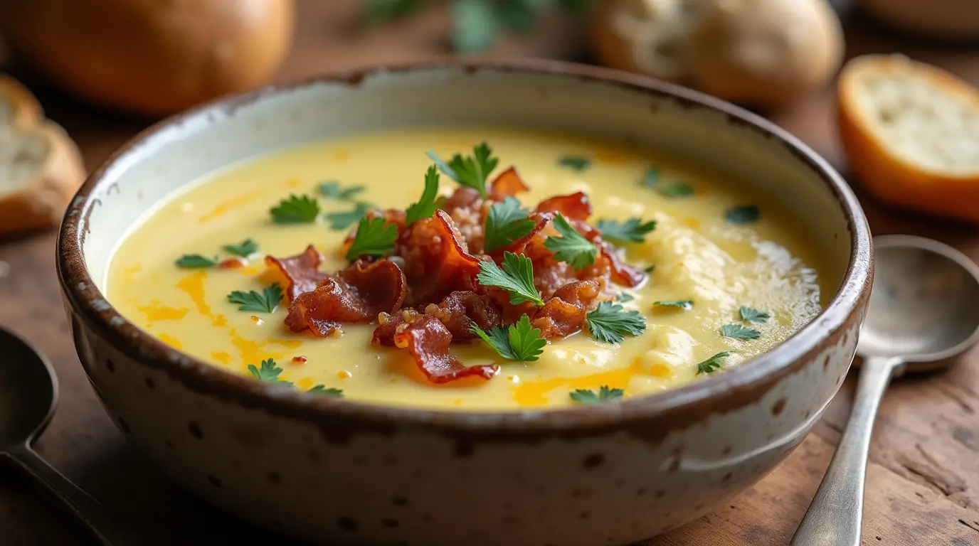 A bowl of creamy Benignis potato soup with crispy bacon and fresh parsley