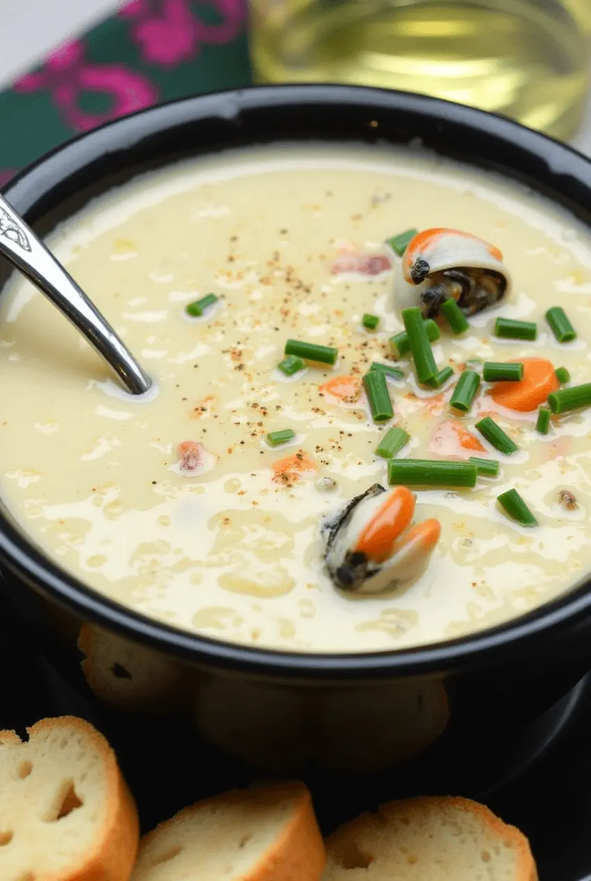 A bowl of Bili Bi Soup with fish, shrimp, and spicy tomato broth, surrounded by fresh ingredients like tomatoes, onions, and peppers, on a wooden table with a chalkboard in the background.